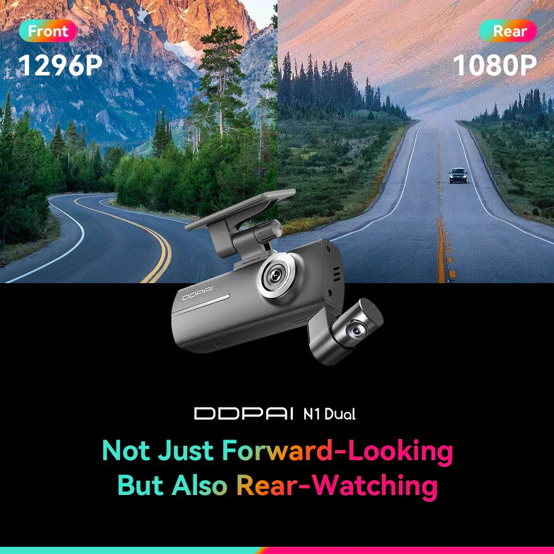 DDPAI Dash Cam N1 تسجيل أمامي وخلفي مزدوج NightVIS 1296P Dash Cam Recorder